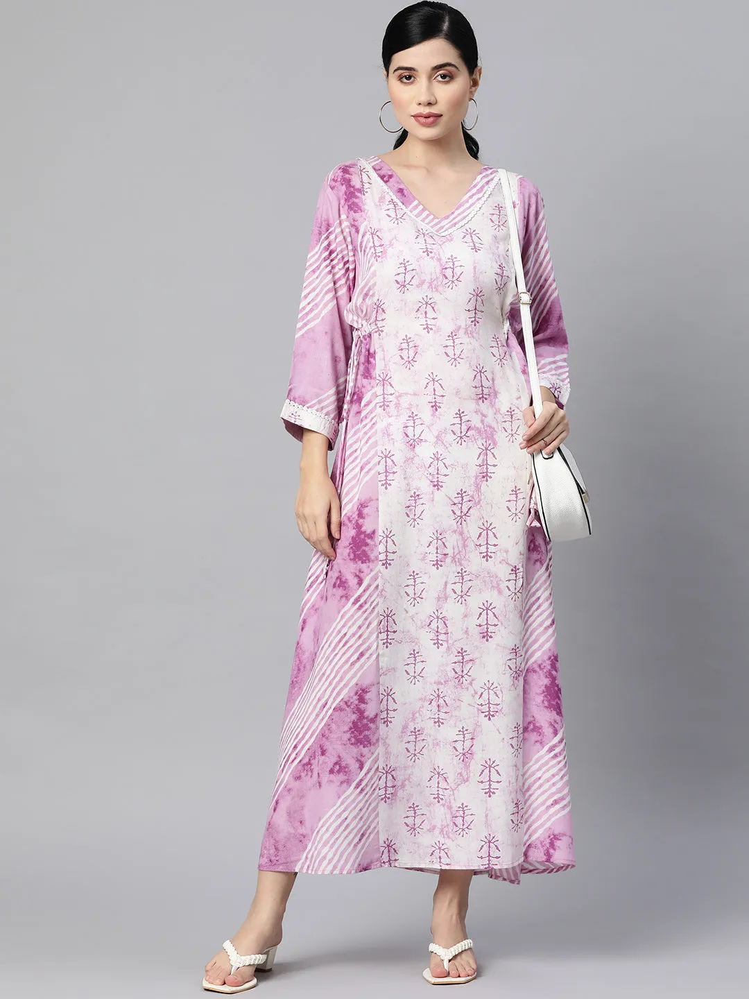 Indibelle Rayon Floral Print Maxi Dress (Purple)