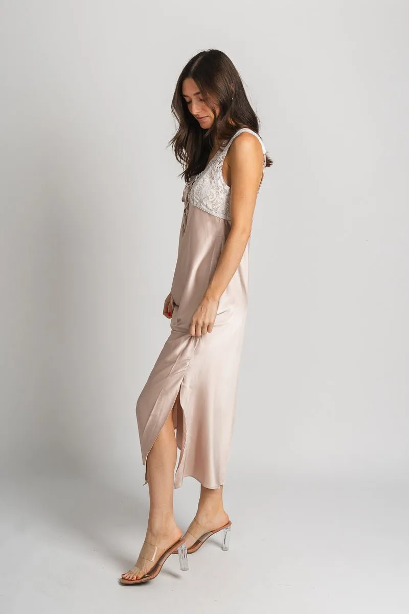 Lace trim midi dress champagne