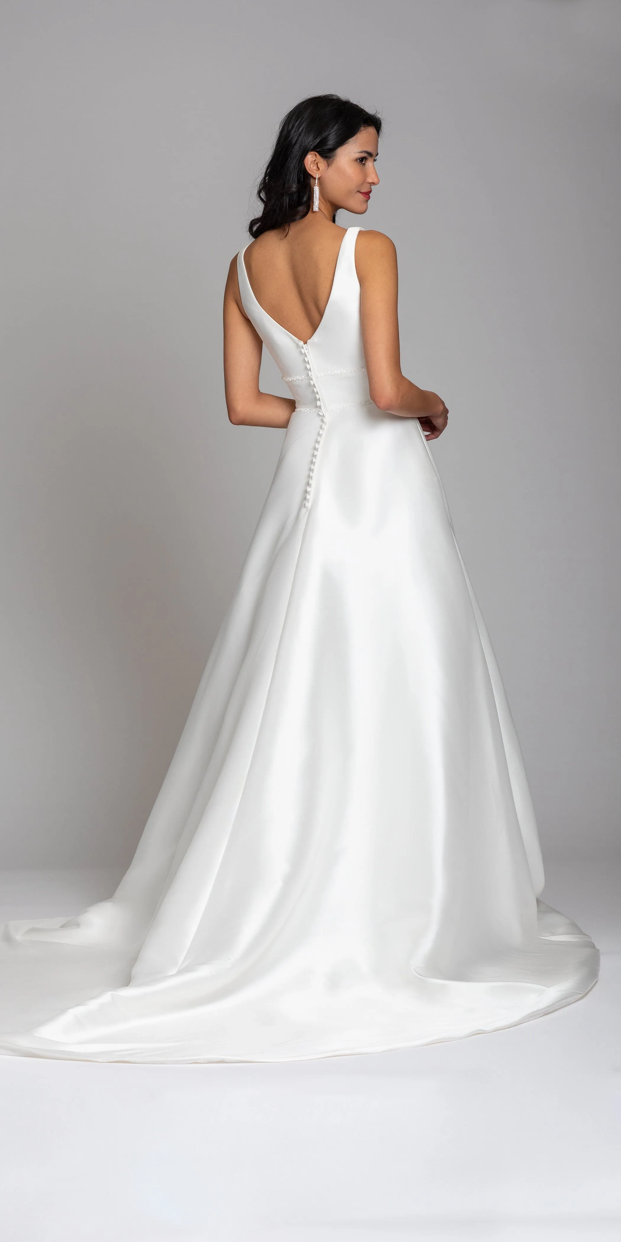 Mikado Plunging Button Back Ballgown with Cathedral Train