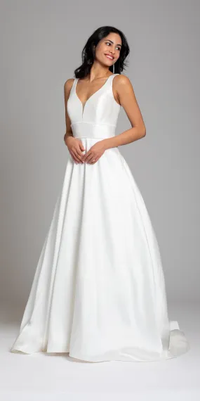 Mikado Plunging Button Back Ballgown with Cathedral Train
