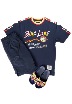 Never Stop Moving Forward Shirt, Navy Classic Leaf Shorts and Olympic Slides Bundle