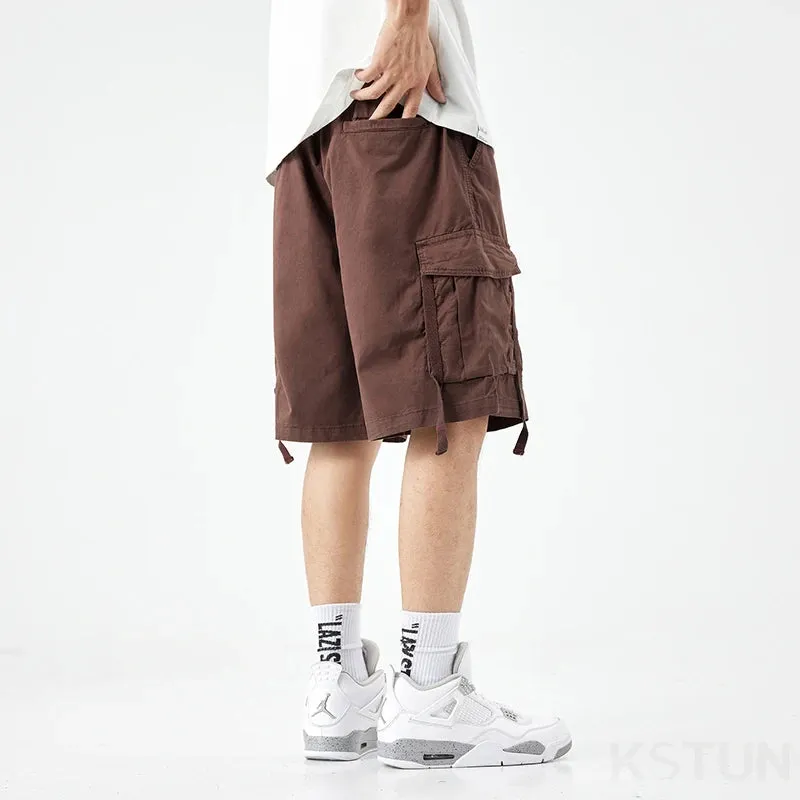 New Men's Casual Cargo Shorts Man Overalls Beach Sports Outdoor High Street Fashion Male Short Pants Loose Fit Elastic Waist