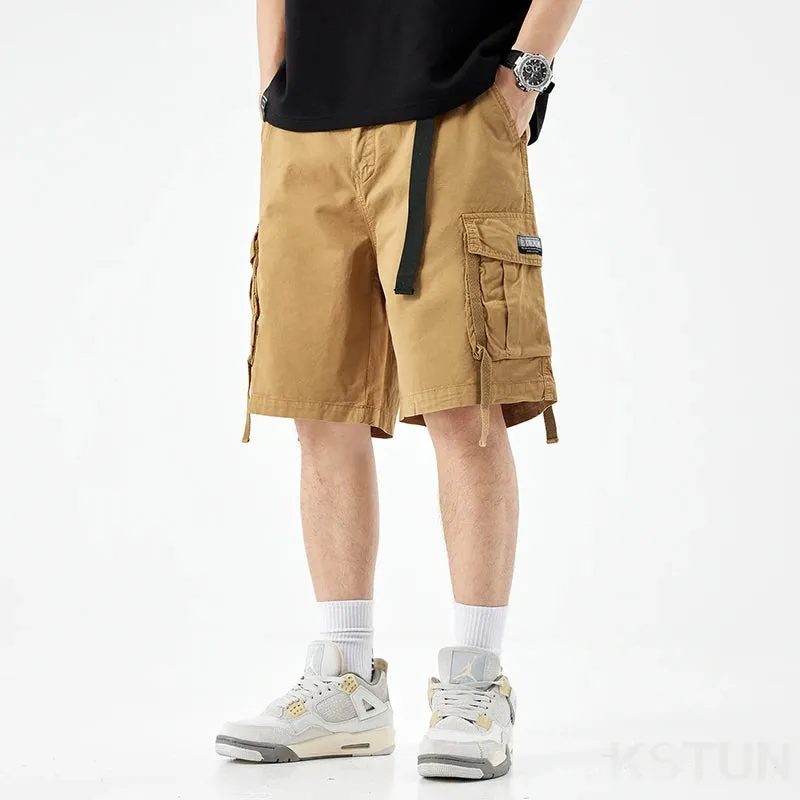 New Men's Casual Cargo Shorts Man Overalls Beach Sports Outdoor High Street Fashion Male Short Pants Loose Fit Elastic Waist