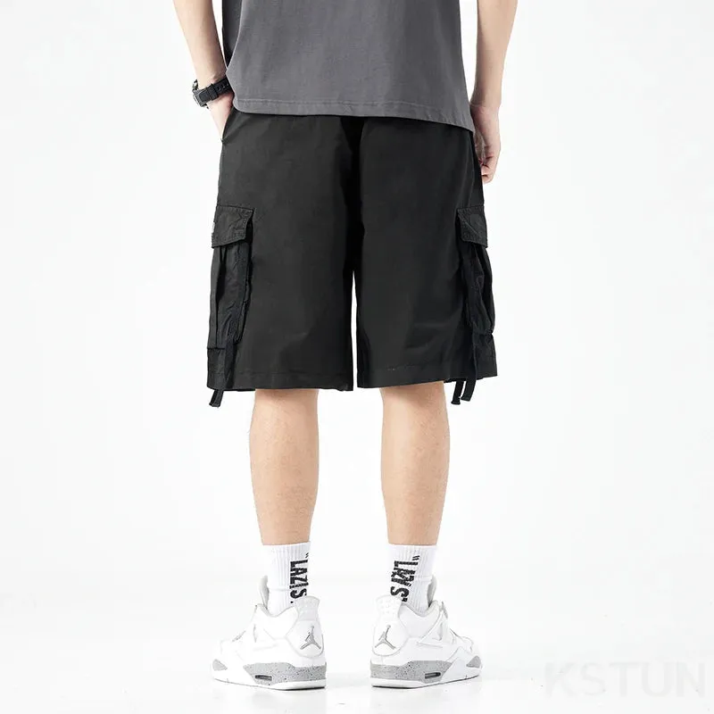 New Men's Casual Cargo Shorts Man Overalls Beach Sports Outdoor High Street Fashion Male Short Pants Loose Fit Elastic Waist