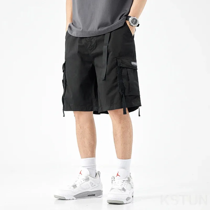 New Men's Casual Cargo Shorts Man Overalls Beach Sports Outdoor High Street Fashion Male Short Pants Loose Fit Elastic Waist