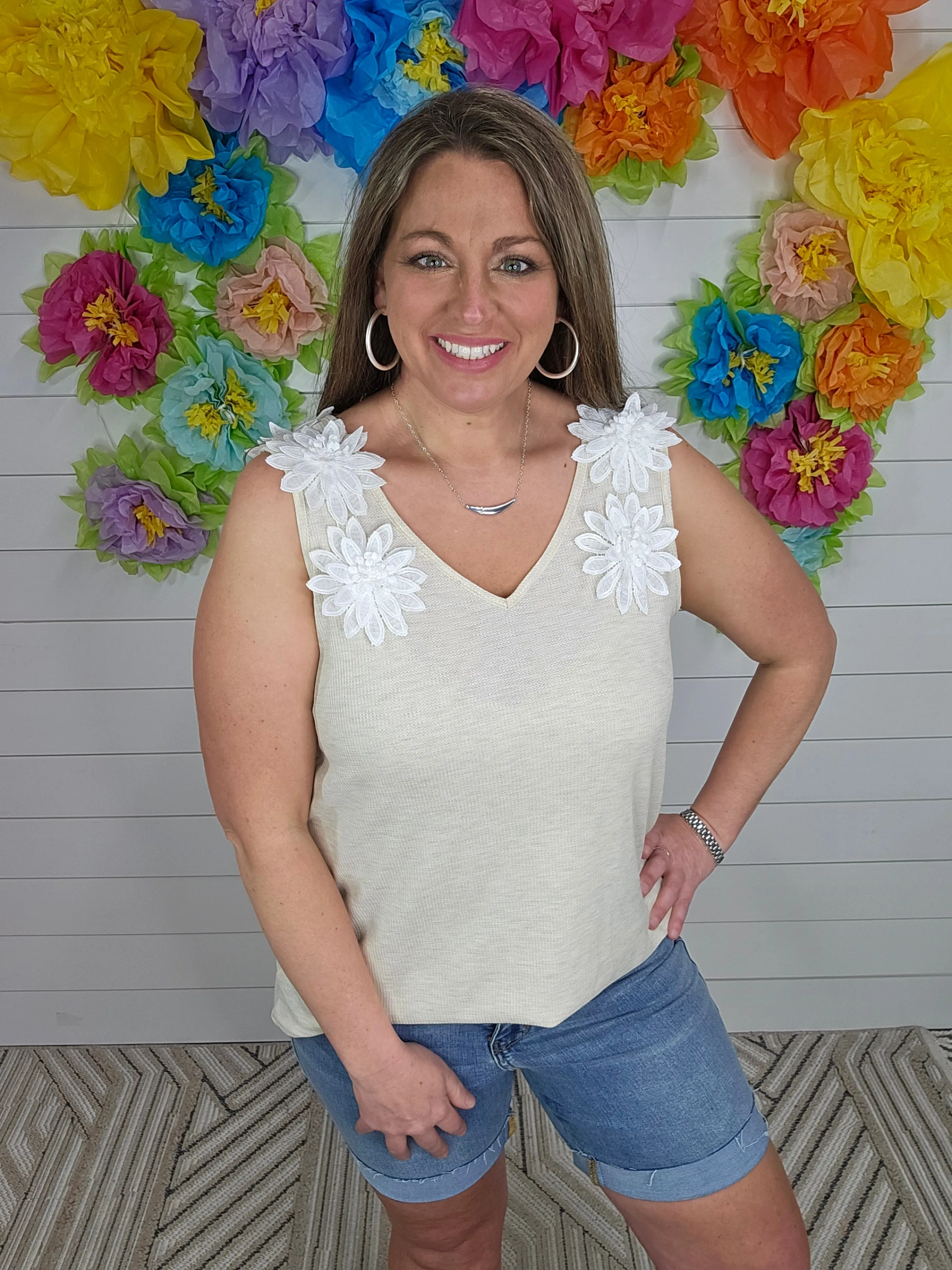 OATMEAL KNIT FLORAL ACCENT TANK