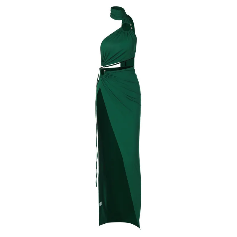 One-shoulder Pleated Hollowed Split Dress