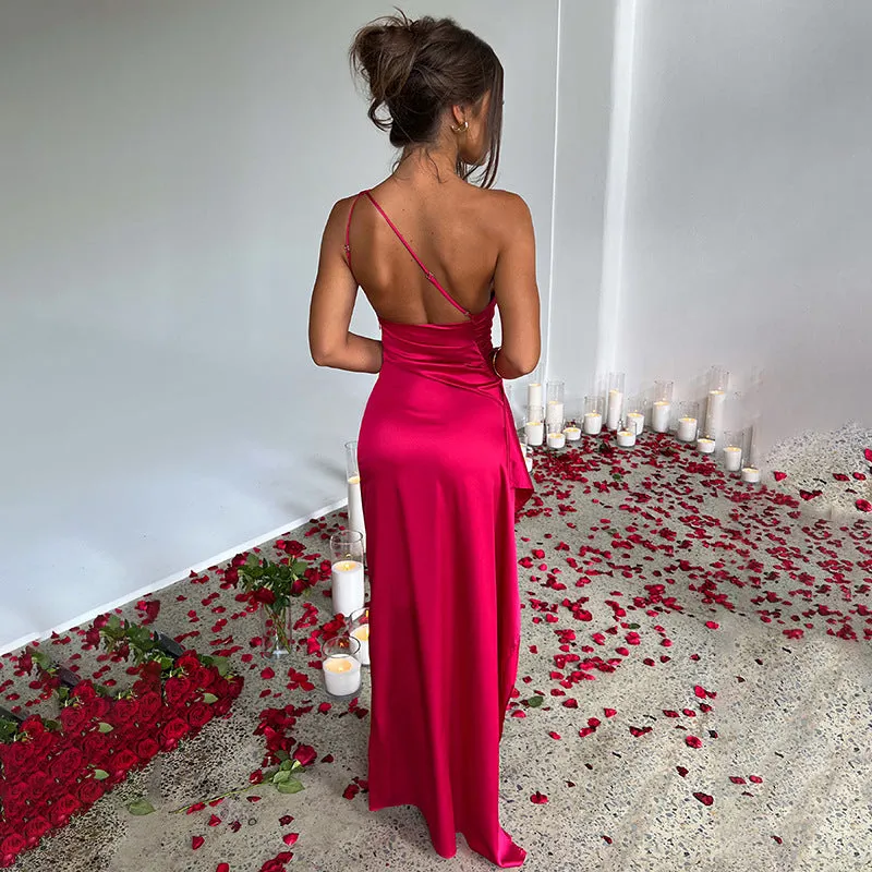 One-shoulder Pleated Satin Split Dress