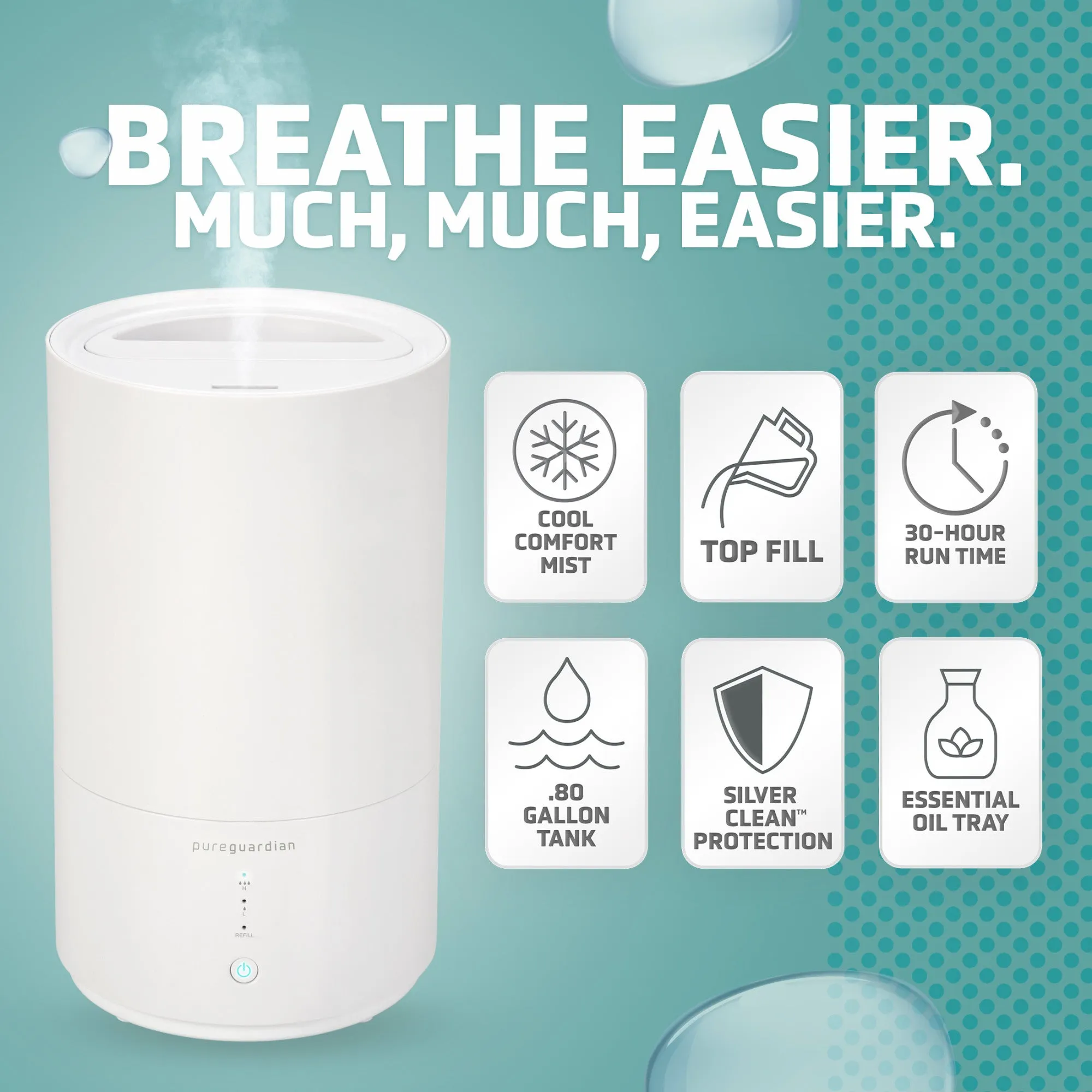 PureGuardian H950AR 0.80 Gallon Top Fill Ultrasonic Cool Mist Humidifier with Aromatherapy Tray