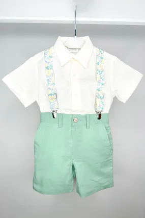 "Greyson" Shirt, Sage Green Shorts & Floral Braces