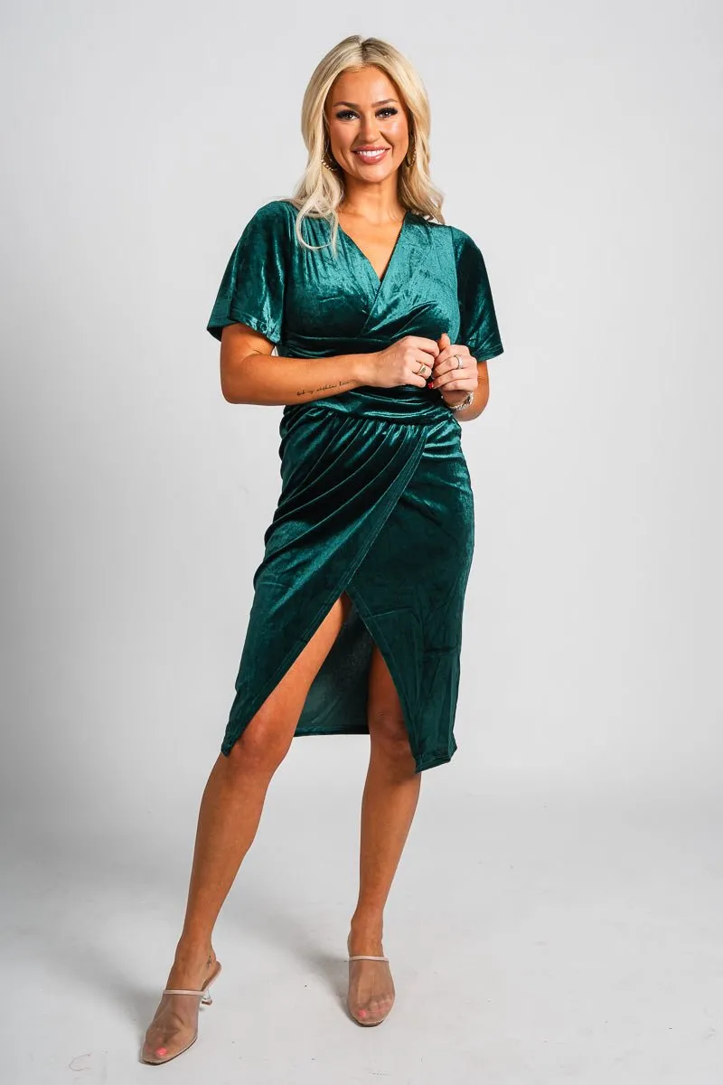 Ruched short sleeve velvet dress hunter green