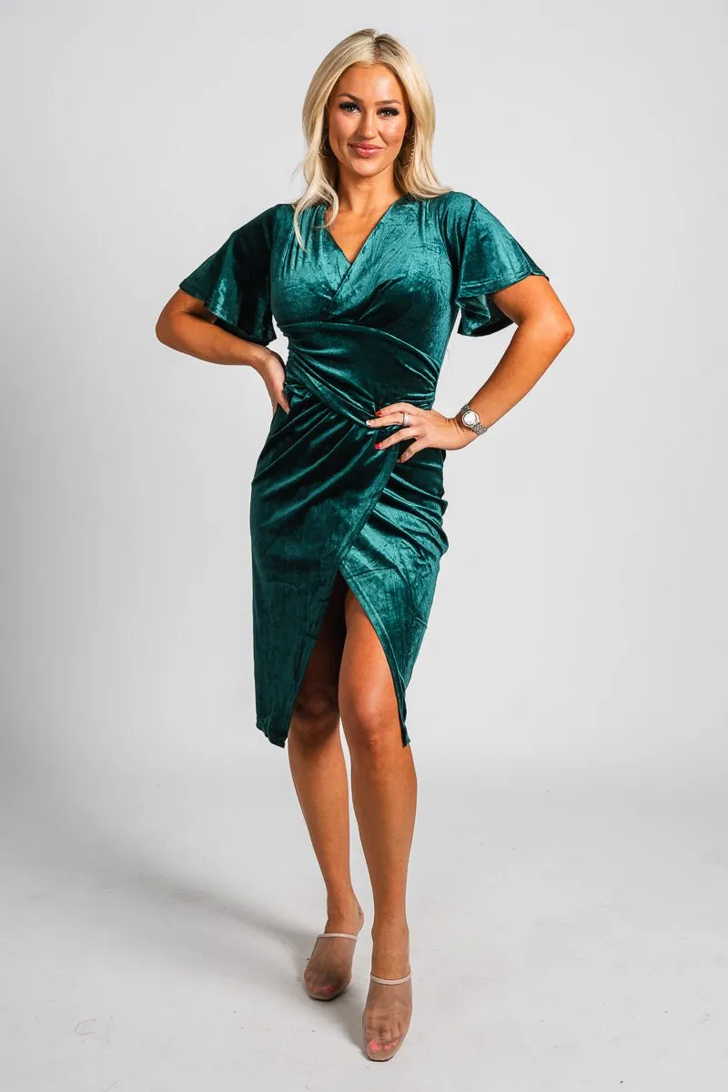 Ruched short sleeve velvet dress hunter green