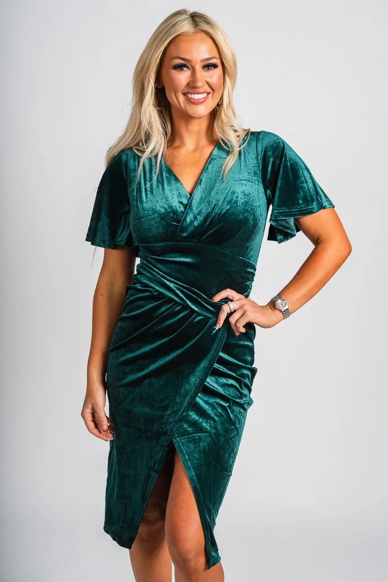 Ruched short sleeve velvet dress hunter green