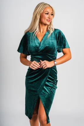 Ruched short sleeve velvet dress hunter green