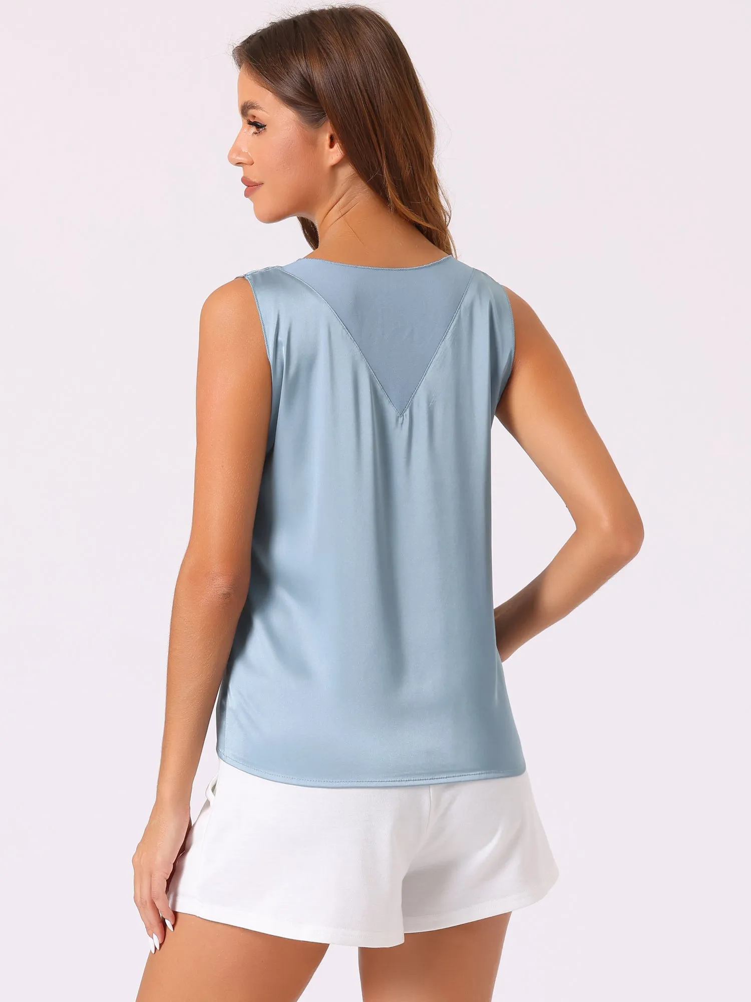 Satin Mesh V Neck Casual Sleeveless Summer Basic Blouse