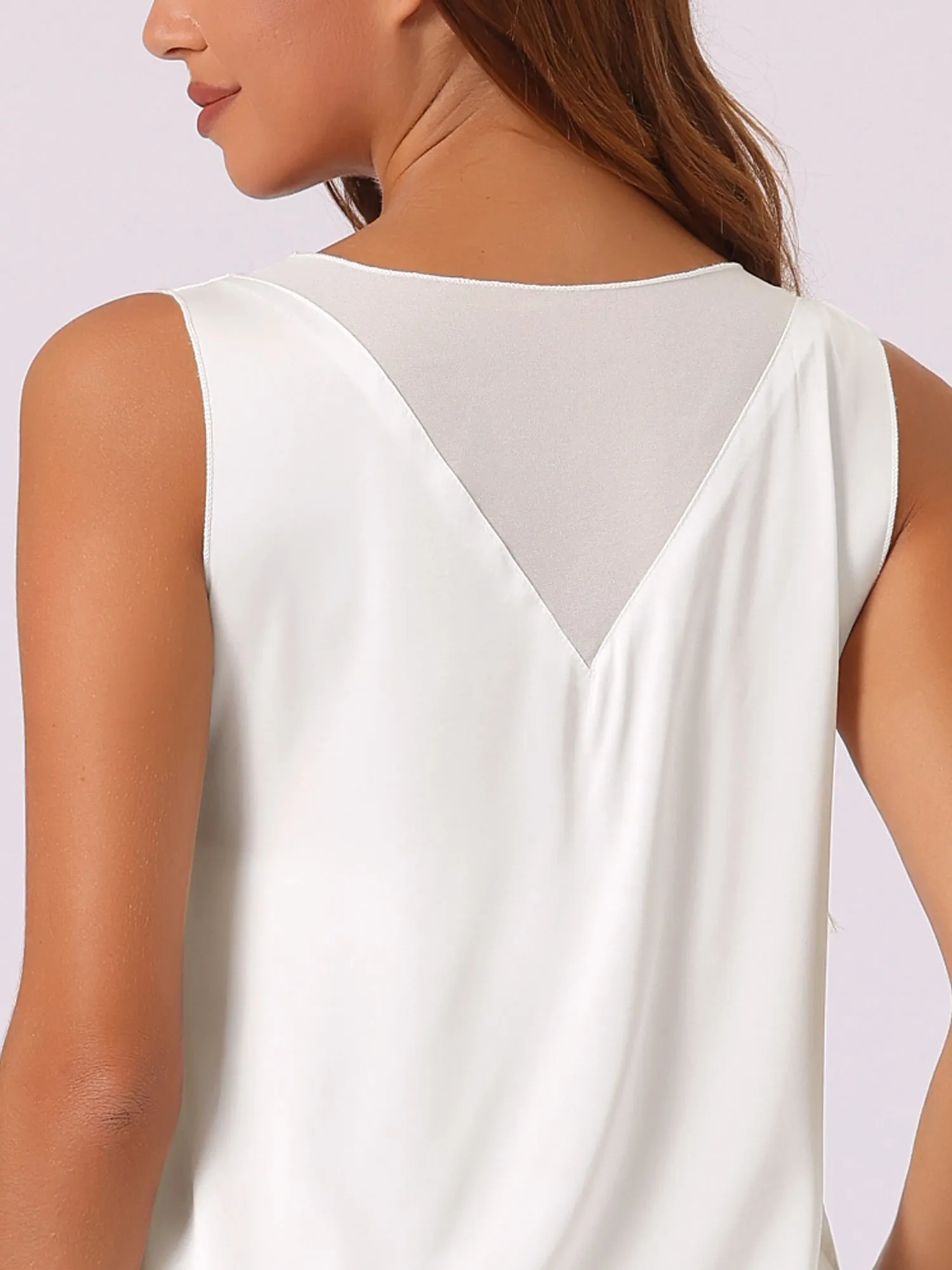 Satin Mesh V Neck Casual Sleeveless Summer Basic Blouse