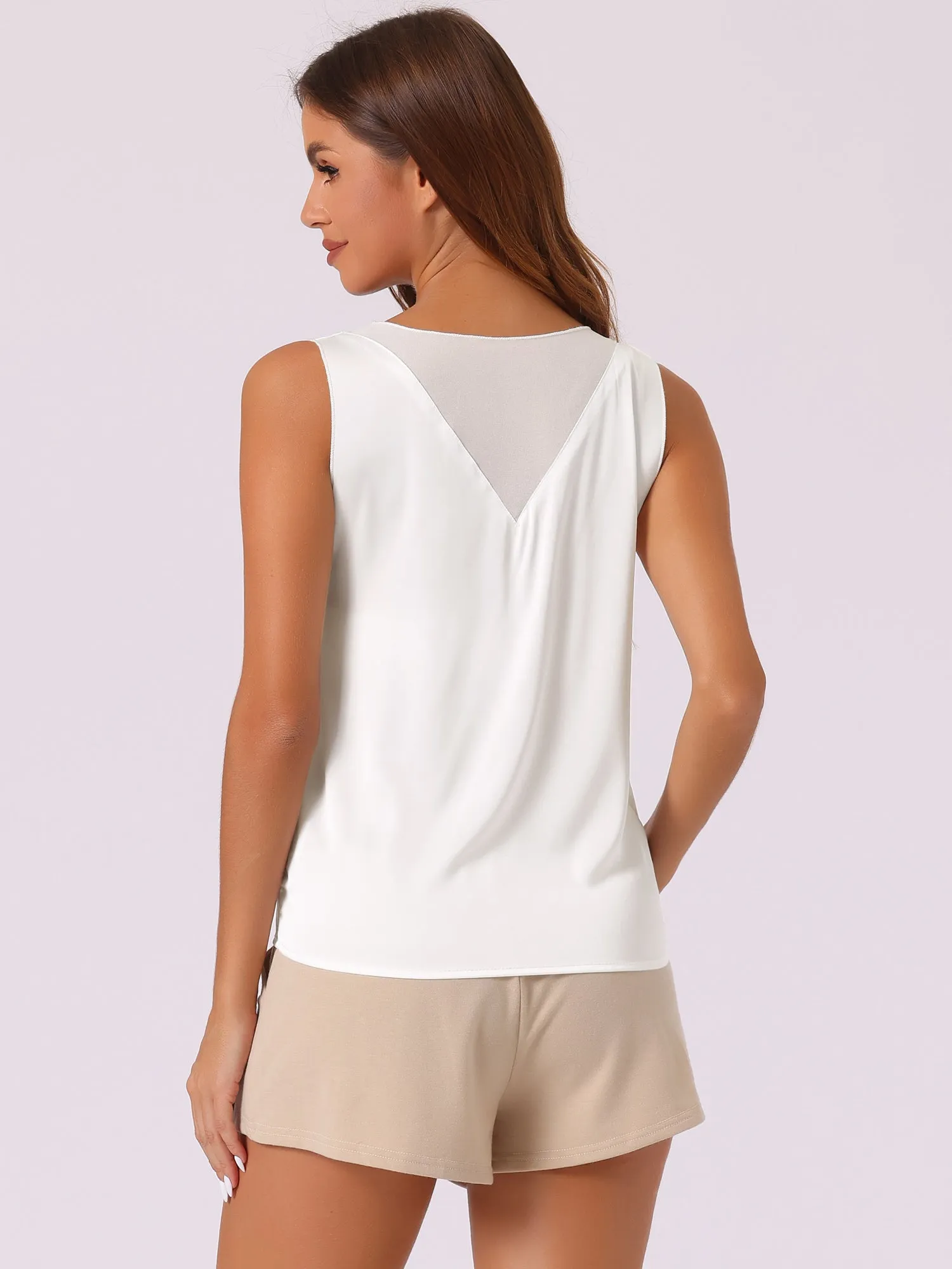 Satin Mesh V Neck Casual Sleeveless Summer Basic Blouse