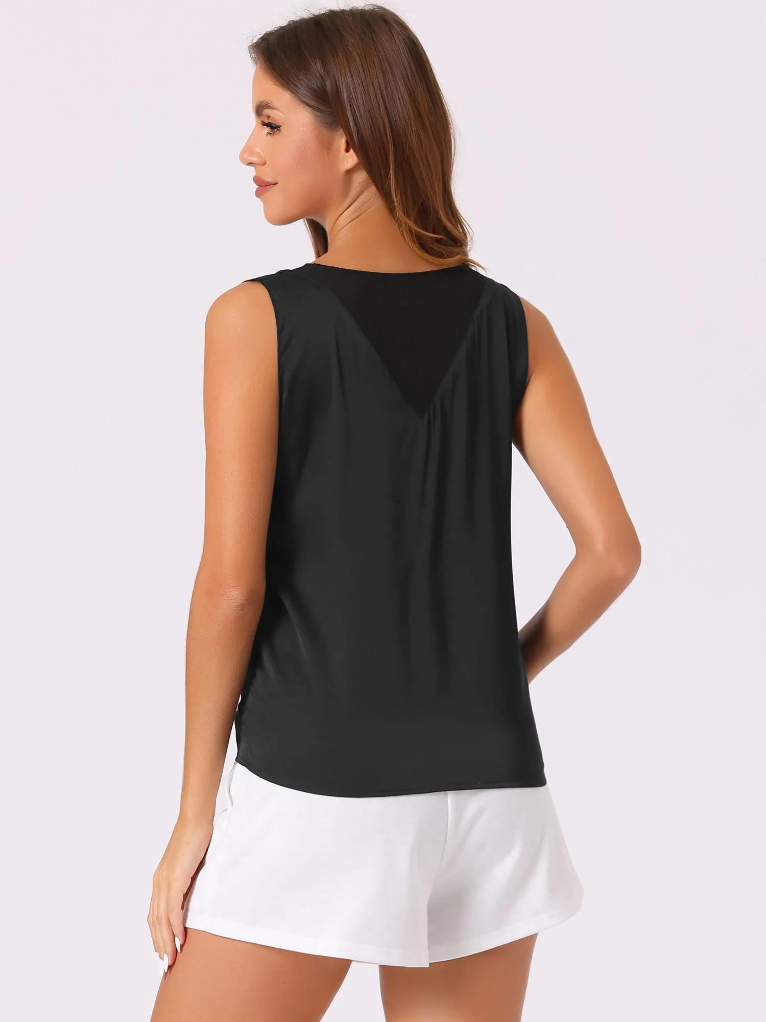 Satin Mesh V Neck Casual Sleeveless Summer Basic Blouse