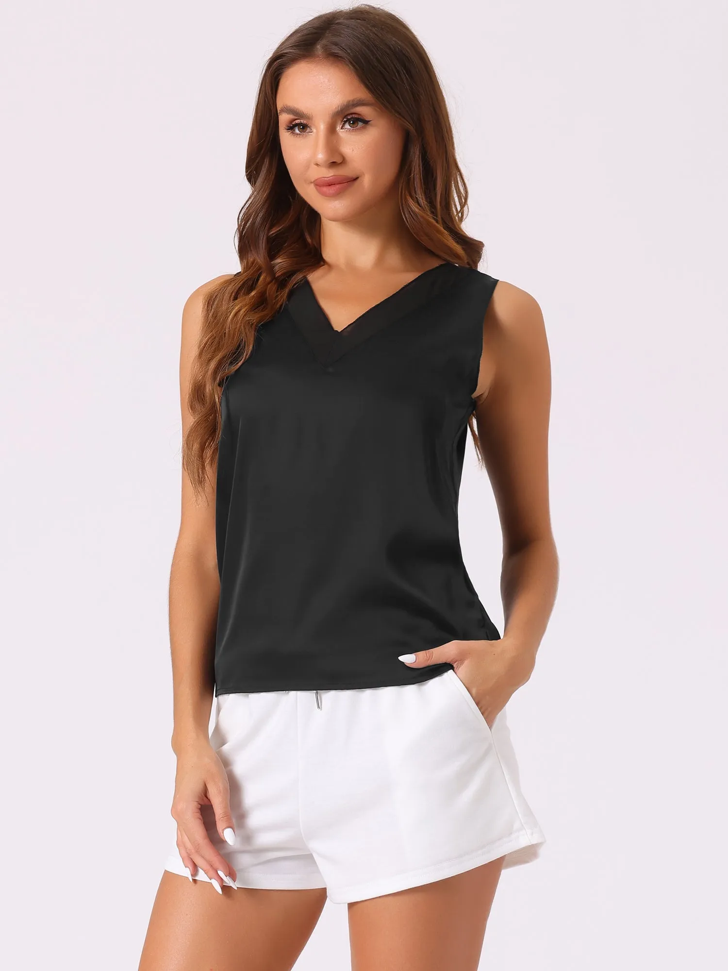 Satin Mesh V Neck Casual Sleeveless Summer Basic Blouse