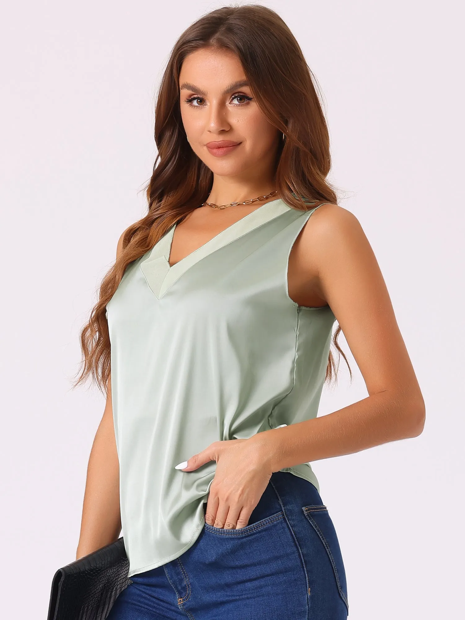 Satin Mesh V Neck Casual Sleeveless Summer Basic Blouse