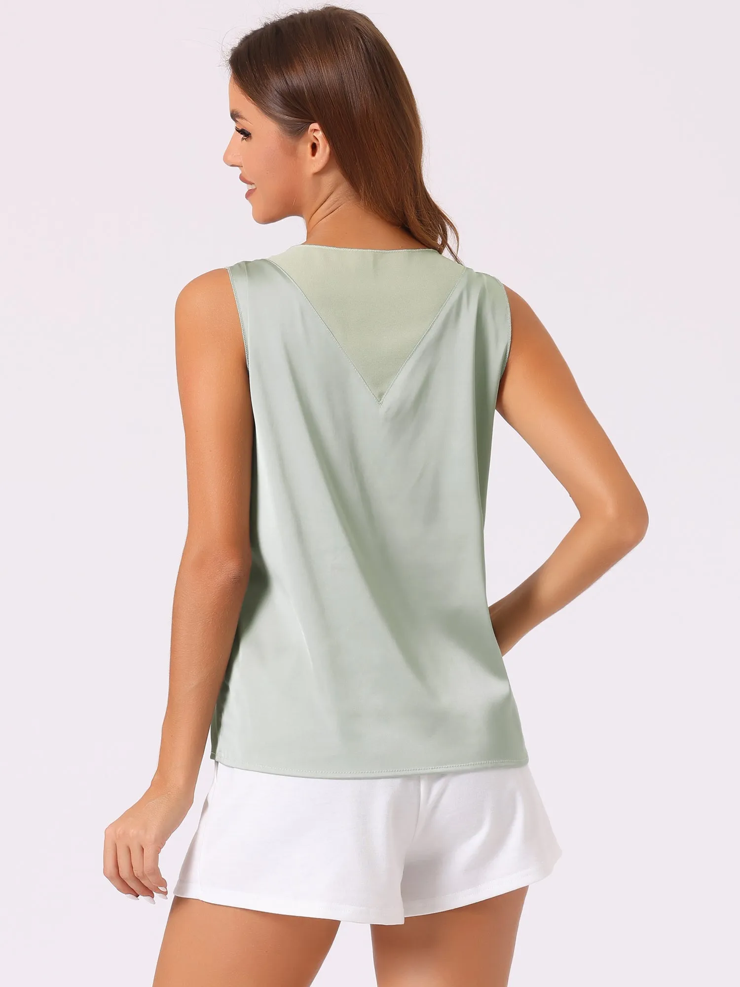 Satin Mesh V Neck Casual Sleeveless Summer Basic Blouse