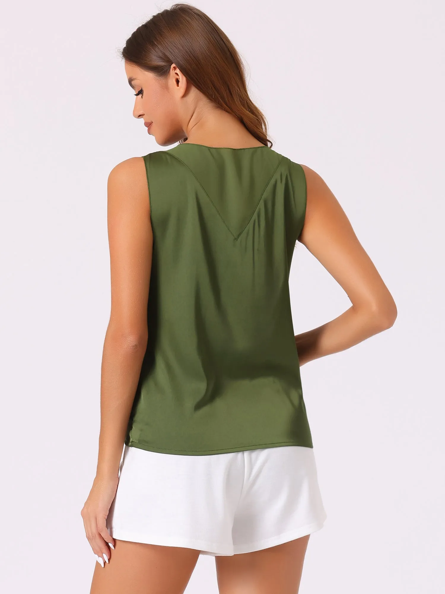 Satin Mesh V Neck Casual Sleeveless Summer Basic Blouse