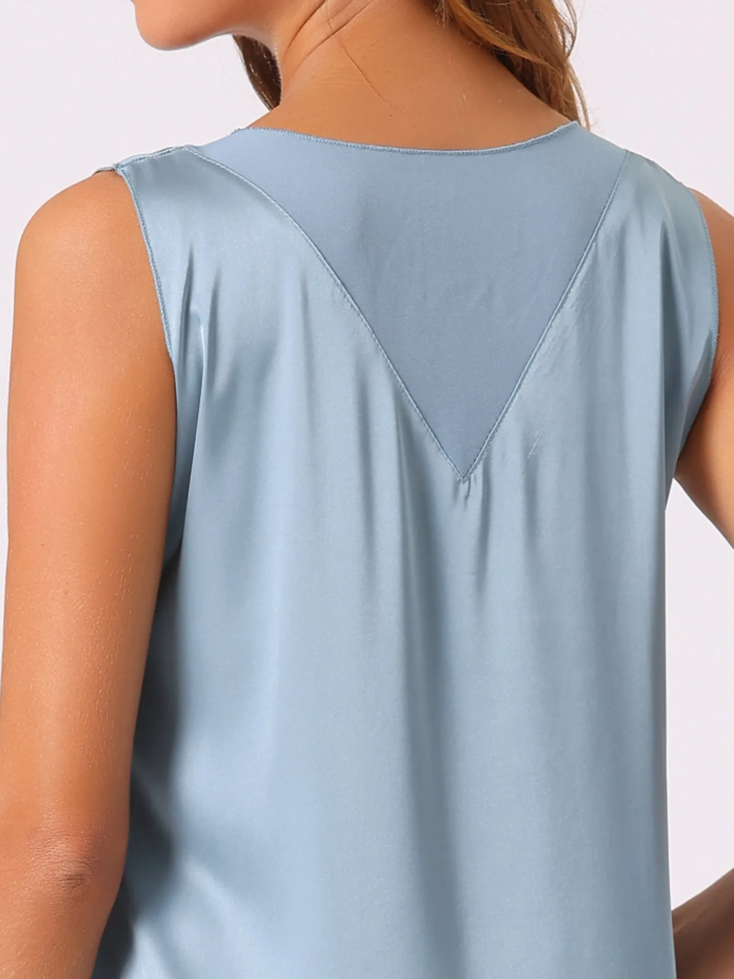 Satin Mesh V Neck Casual Sleeveless Summer Basic Blouse