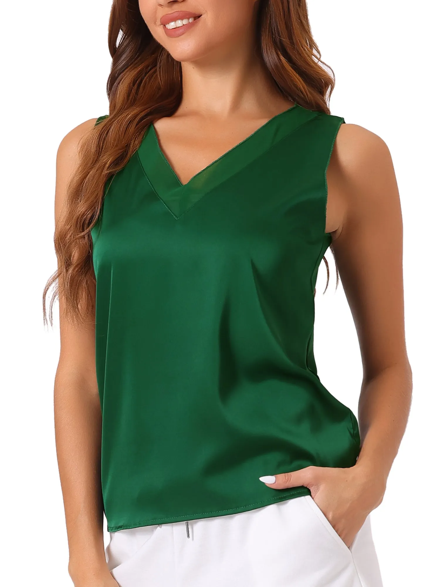 Satin Mesh V Neck Casual Sleeveless Summer Basic Blouse