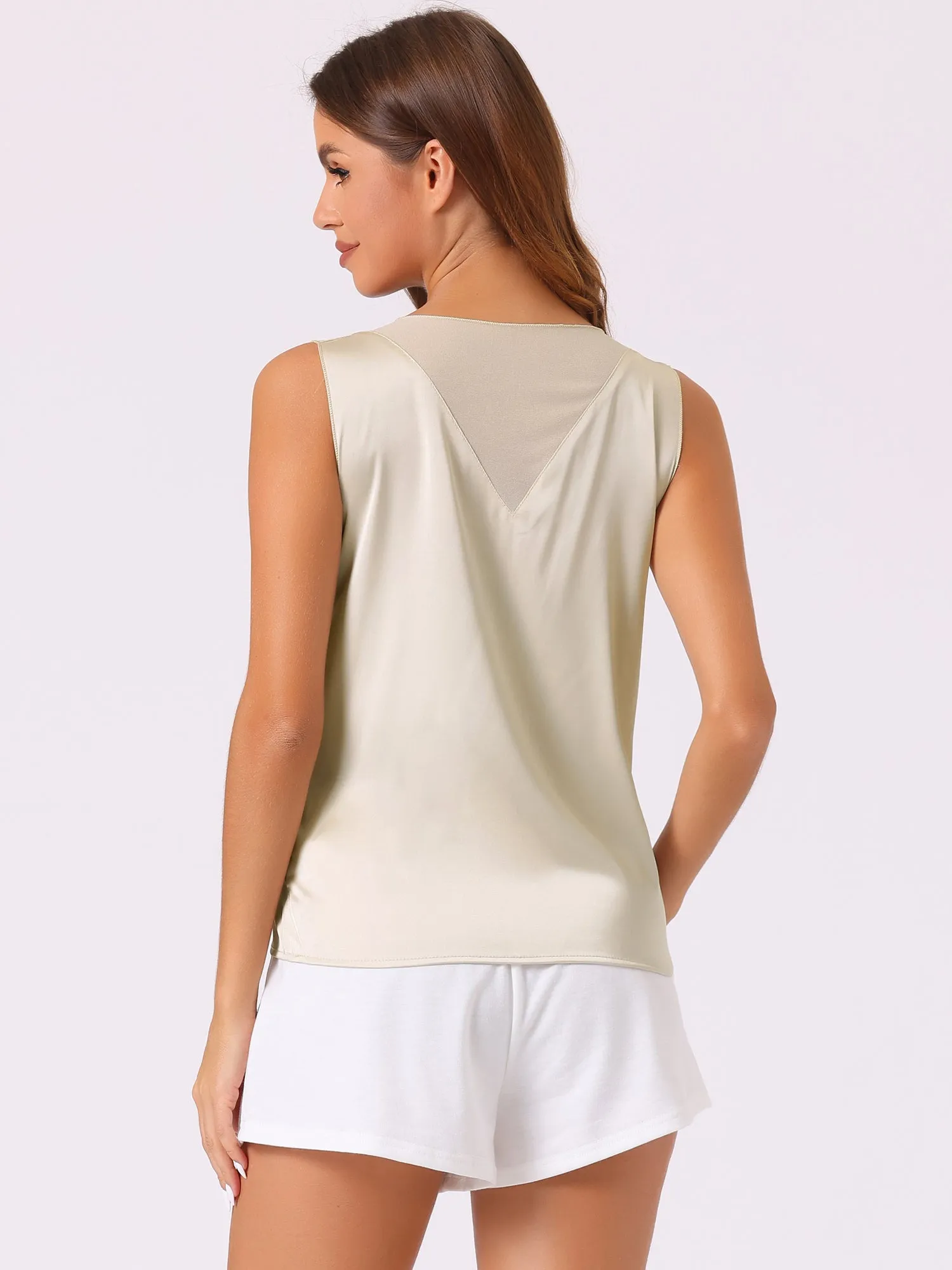 Satin Mesh V Neck Casual Sleeveless Summer Basic Blouse