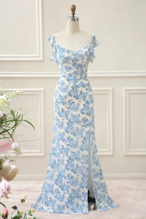 Sheath White Blue Flower Mermaid Maxi Dress with Slit