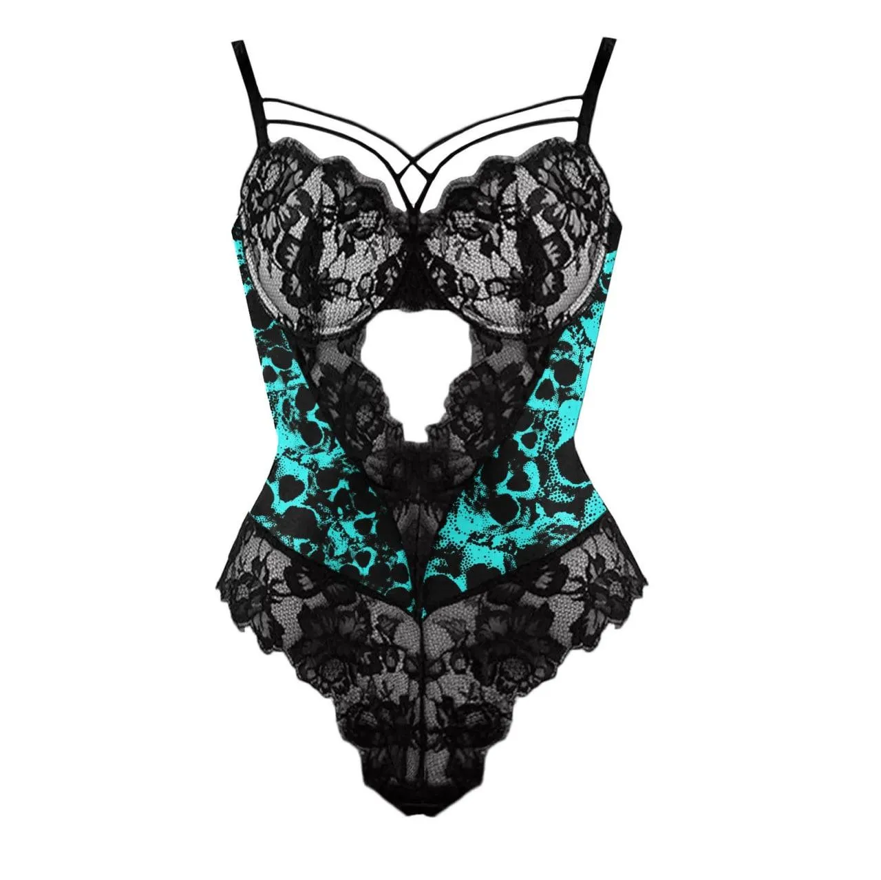 Skull Turquoise Sexy Lingerie, Sexy Strap Crochet Cutout Bodysuit For Women