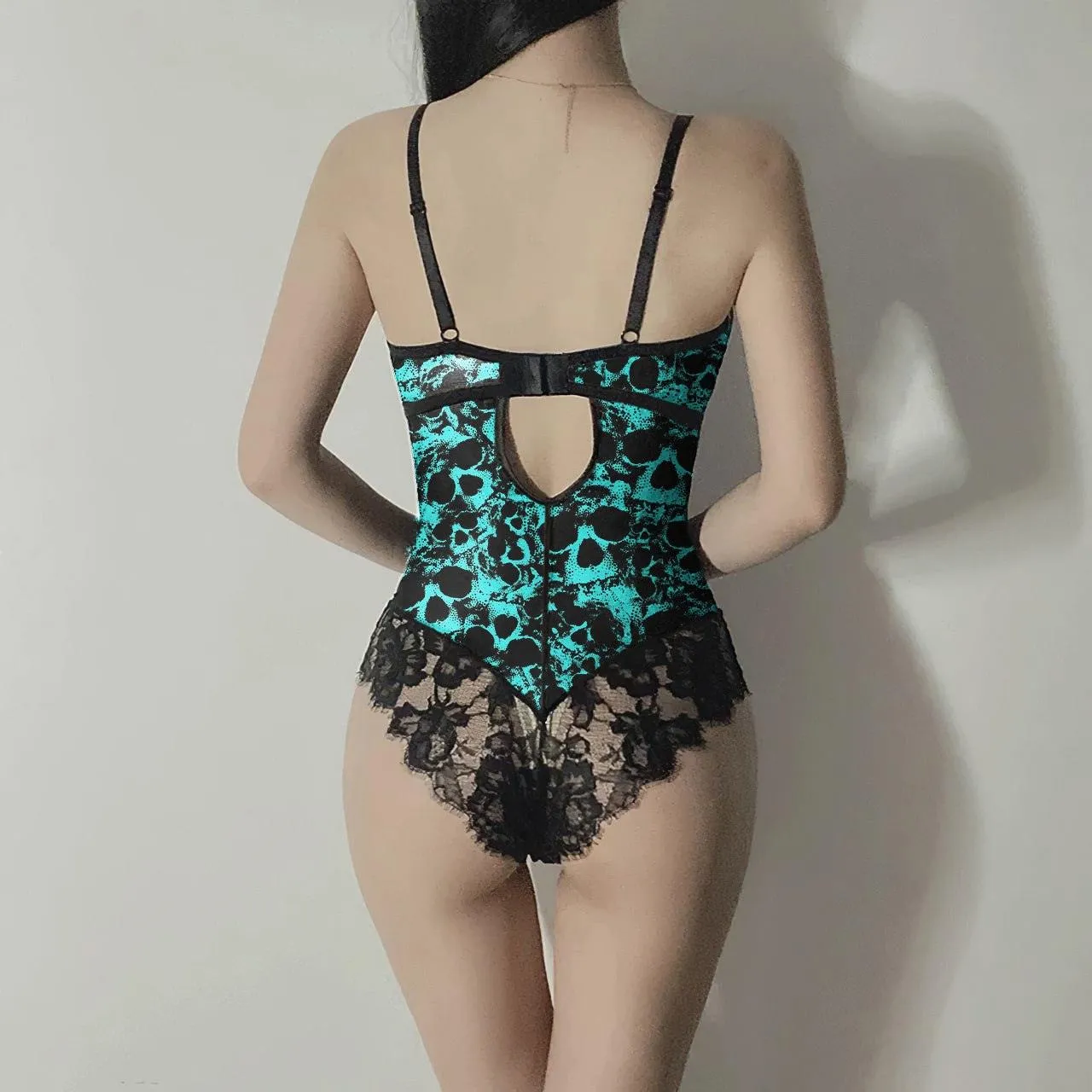 Skull Turquoise Sexy Lingerie, Sexy Strap Crochet Cutout Bodysuit For Women