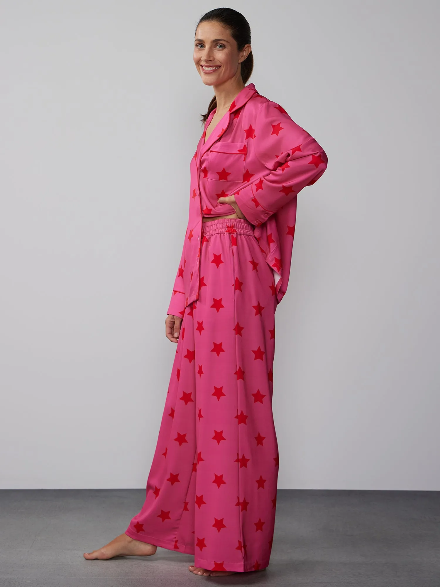 Star Print Satin Pajama Set With Mask