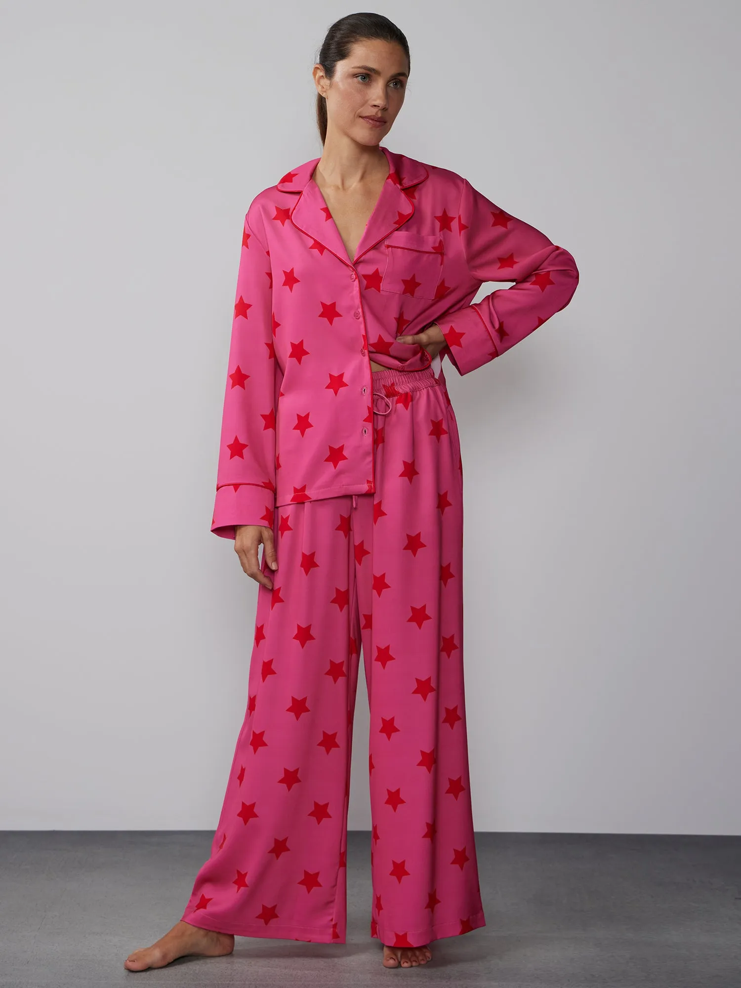 Star Print Satin Pajama Set With Mask
