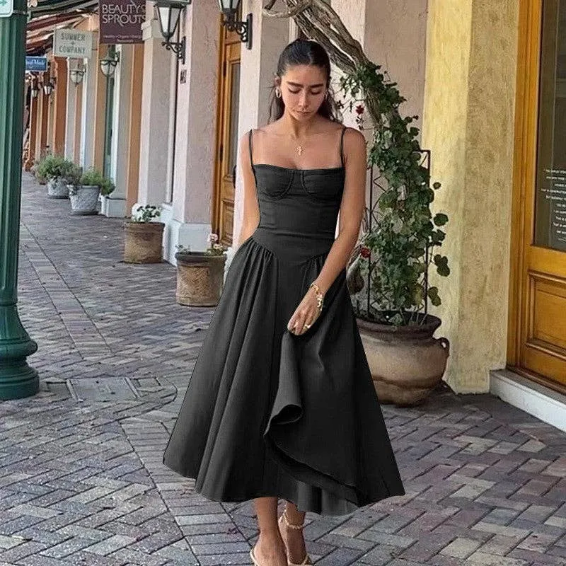 String Shoulder Solid Blue Women's Dress