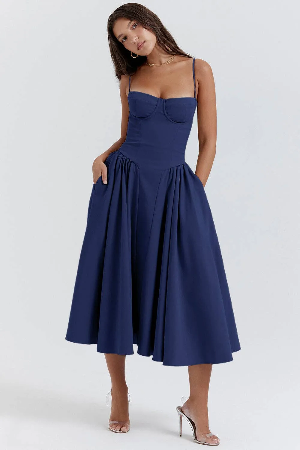 String Shoulder Solid Blue Women's Dress