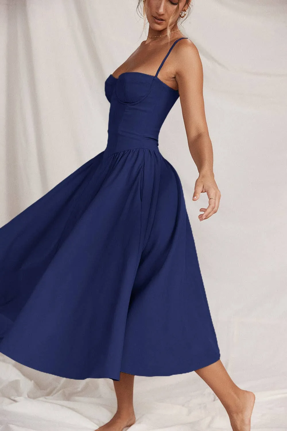 String Shoulder Solid Blue Women's Dress