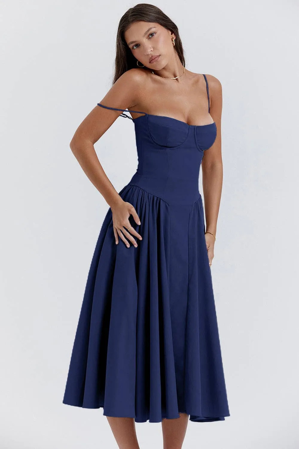 String Shoulder Solid Blue Women's Dress