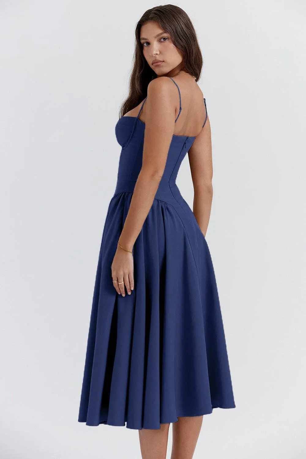 String Shoulder Solid Blue Women's Dress
