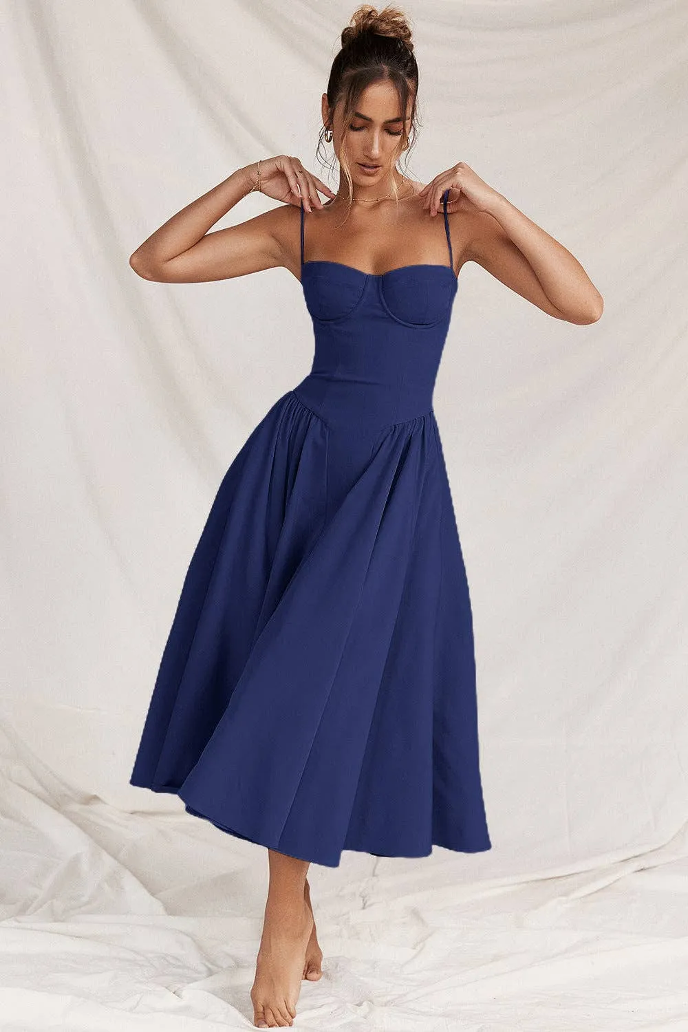 String Shoulder Solid Blue Women's Dress