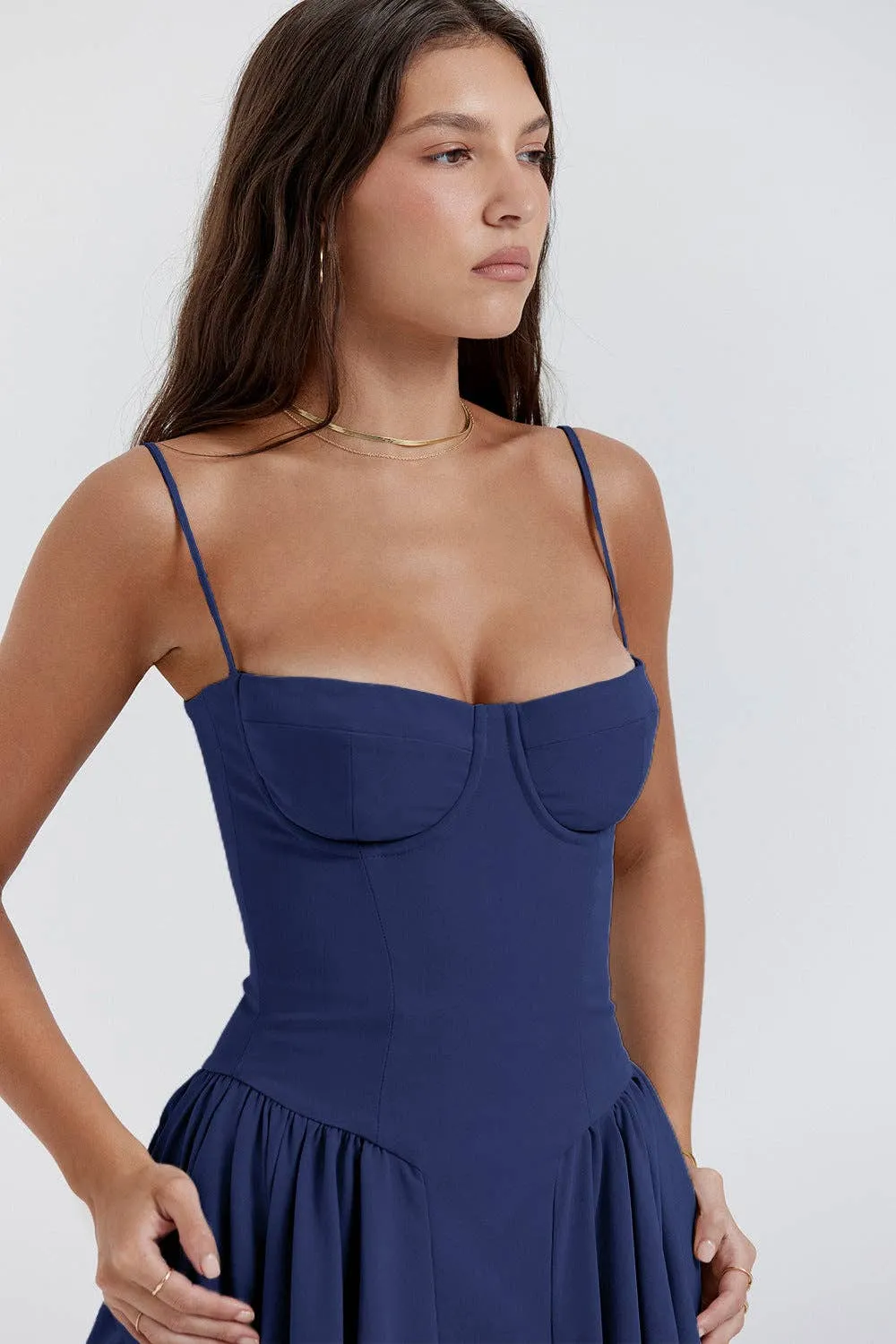 String Shoulder Solid Blue Women's Dress
