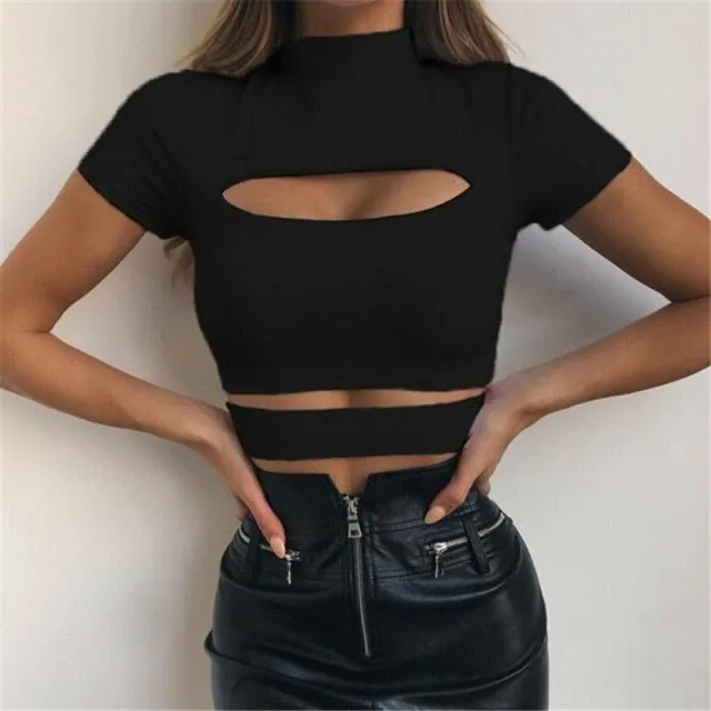 Summer Crop - Women Tank Top Solid Color Hollow Out Ladies Tops Womens Clothing Fashion Tops Women T-shirt Casual Ladies Shirt