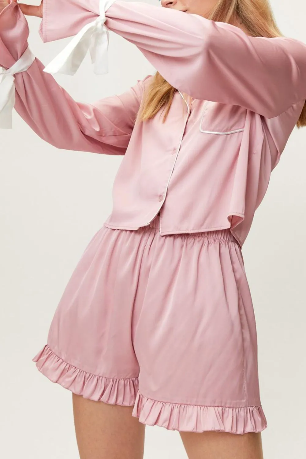 Tied Cuff Collared Neck Top and Frill Shorts Lounge Set | Loungewear | Pajamas