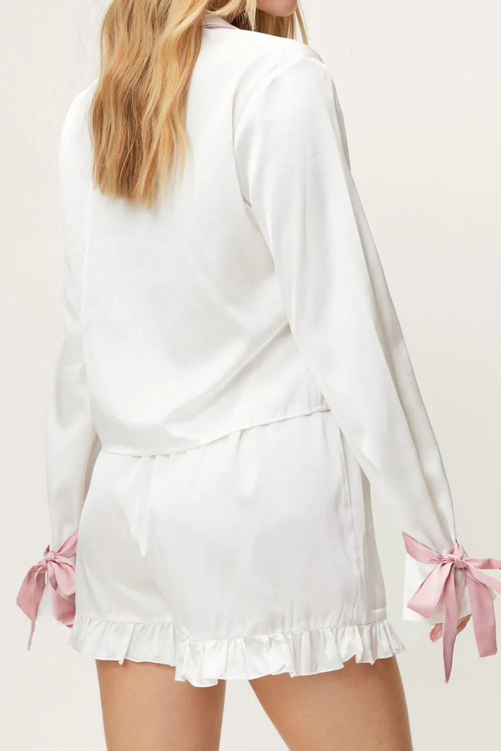 Tied Cuff Collared Neck Top and Frill Shorts Lounge Set | Loungewear | Pajamas