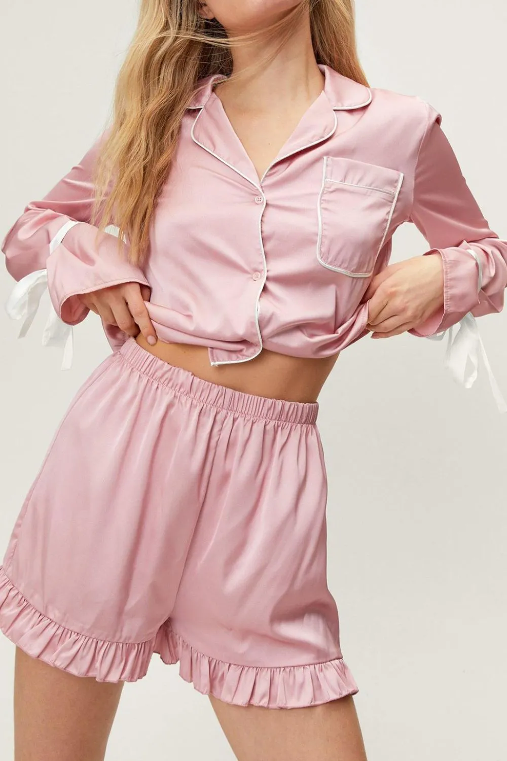 Tied Cuff Collared Neck Top and Frill Shorts Lounge Set | Loungewear | Pajamas