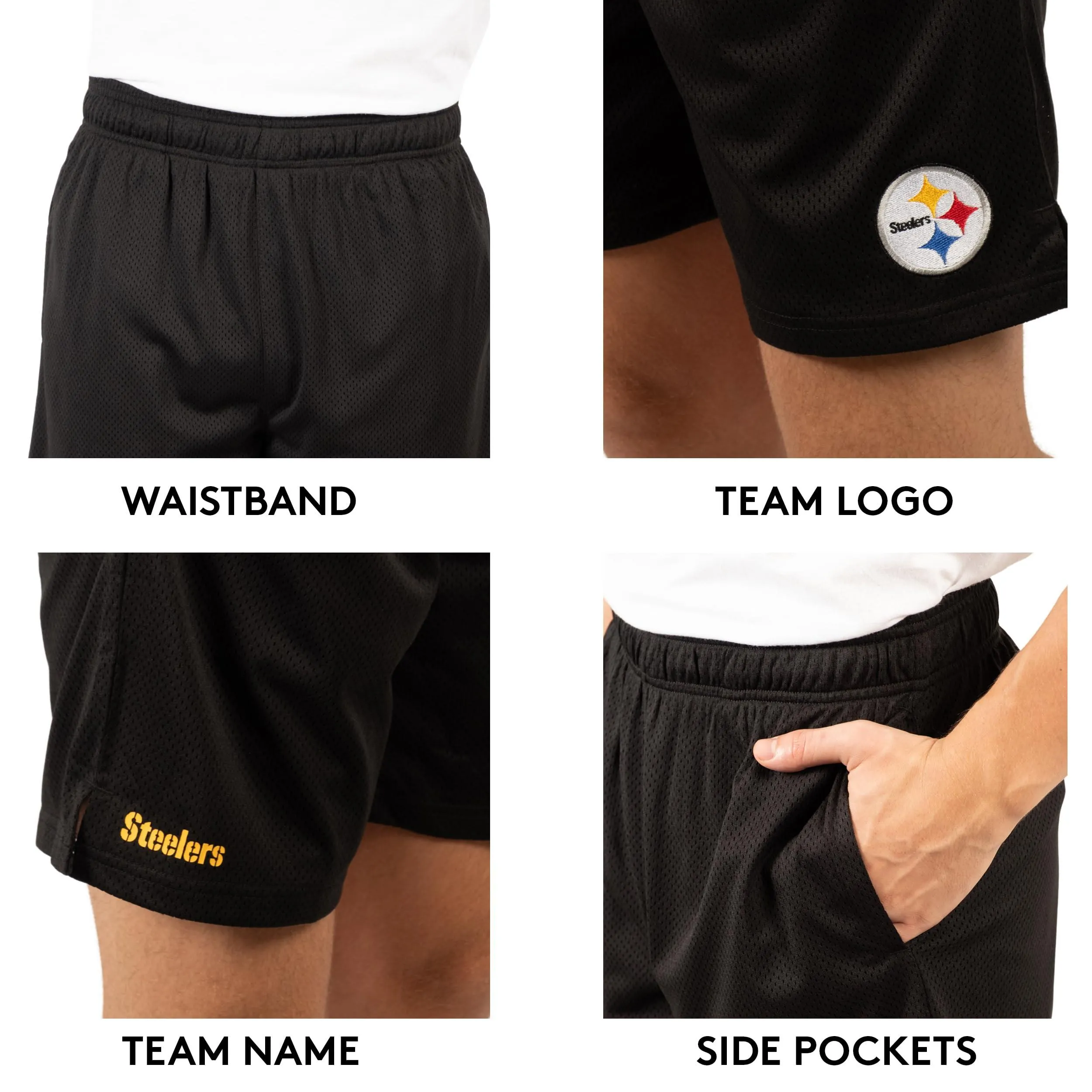 Ultra Game Men's NFL Official Super Soft Soft Mesh Active Training Shorts - Unisex, Pittsburgh Steelers|Pittsburgh Steelers