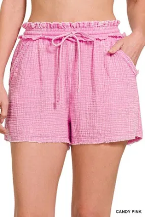 WASHED DOUBLE GAUZE FRAYED HEM DRAWSTRING SHORTS - IN-STORE