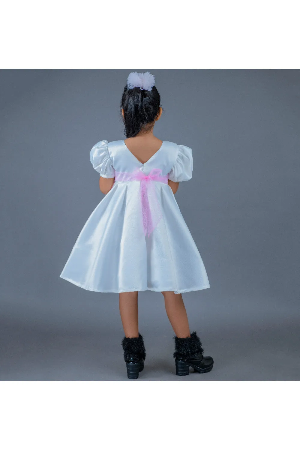 White With Pink Flower Detailing Organza Dress