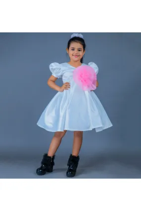 White With Pink Flower Detailing Organza Dress