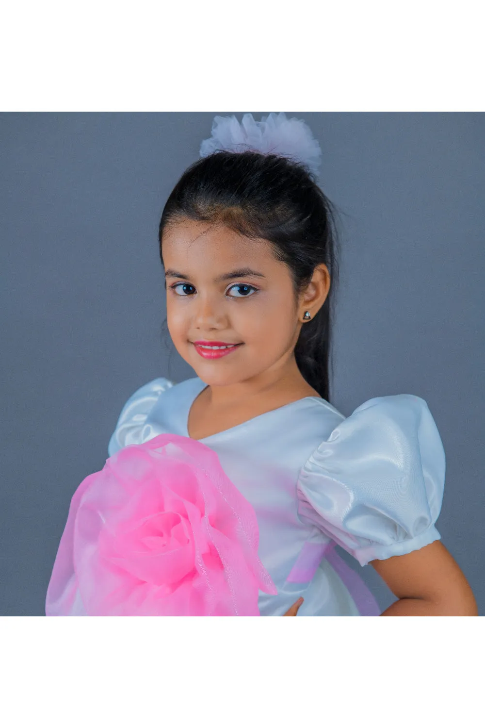White With Pink Flower Detailing Organza Dress